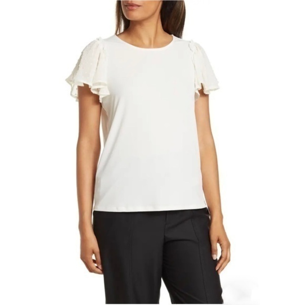 Adrianna Papell Swiss Dot Ruffle Knit Top in Champagne